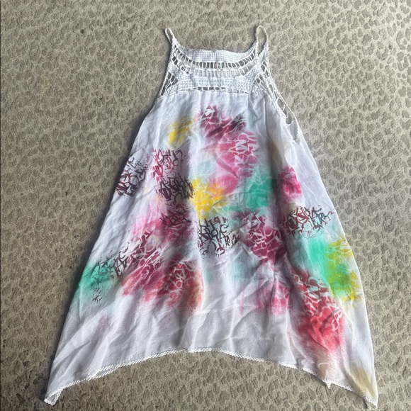 Johnny Was RARE Painted Crochet Trimmed Handkerchief Tank Tunic, size Small - Picture 5 of 8